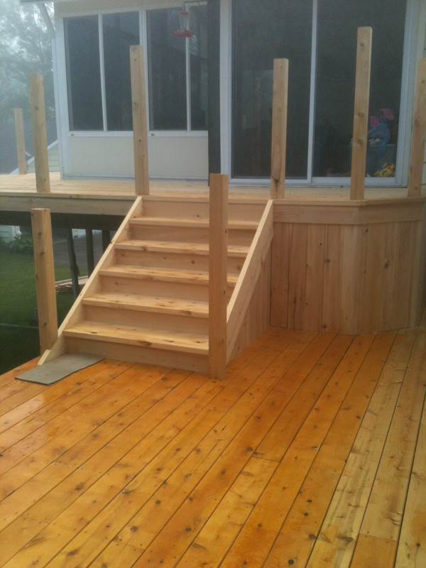 Deck under construction
2x6 white cedar lumber random lengths
4x4 square cedar posts for railing system
